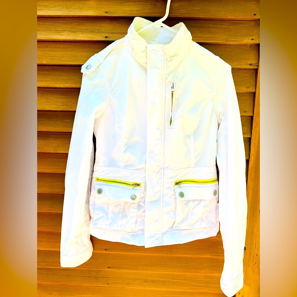Free People White Utility Jacket with Yellow Zipper Accents